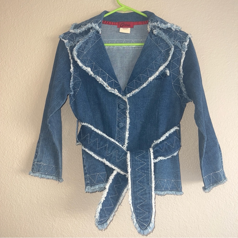 Carina Cotton Frayed Snap Up Belted Jean Jacket Sz S